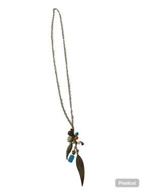 Boho Charm Necklace Feather Pendant Turquoise Coral Bead Cluster 34” Gold Tone